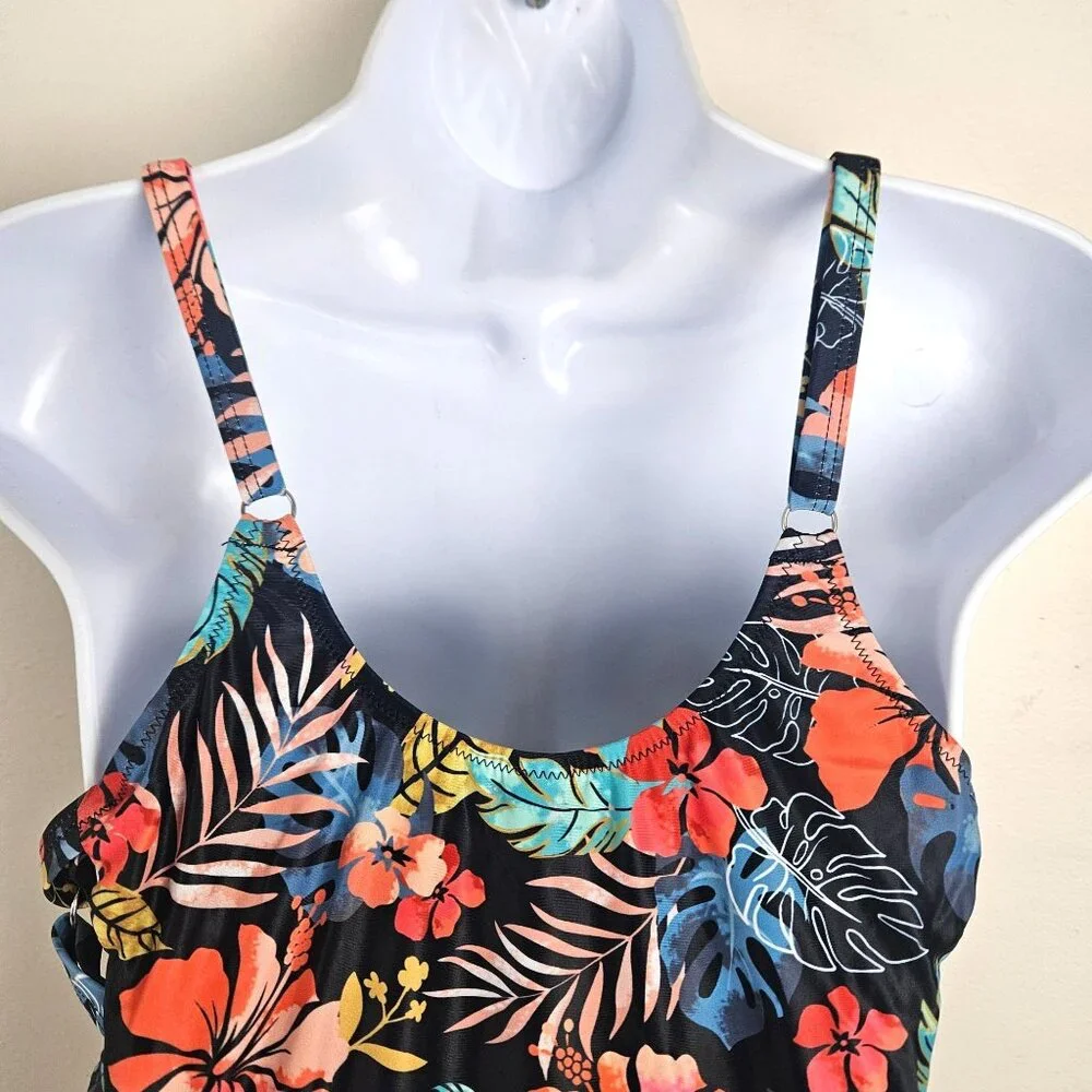 Tempt Me Womens Large Tropical Floral One-Piece Swimsuit Crisscross Sides Beach